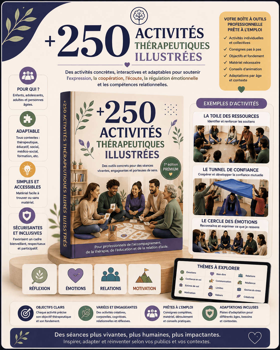 Fiches d'activités thérapeutiques imprimées sur une table